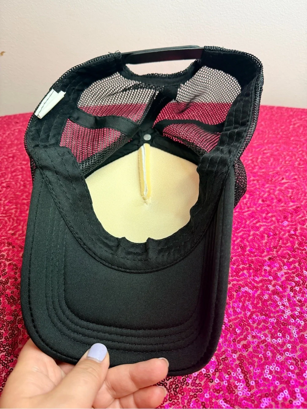 Put It On My Husband's Tab Pink & Black Trucker Hat